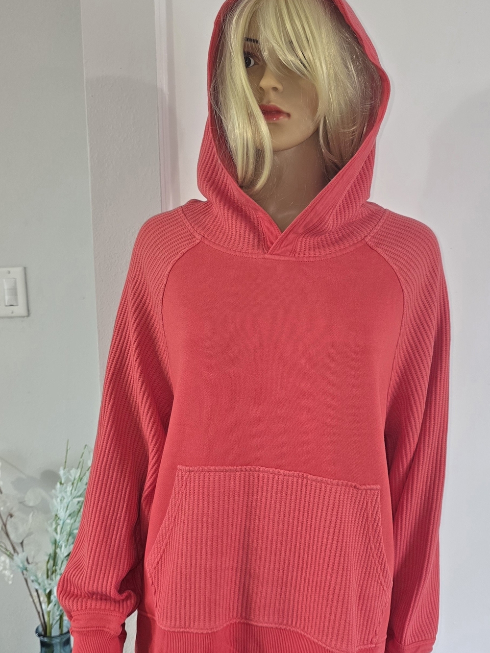 aerie Coral Pink Hooded Rib-Knit Pullover